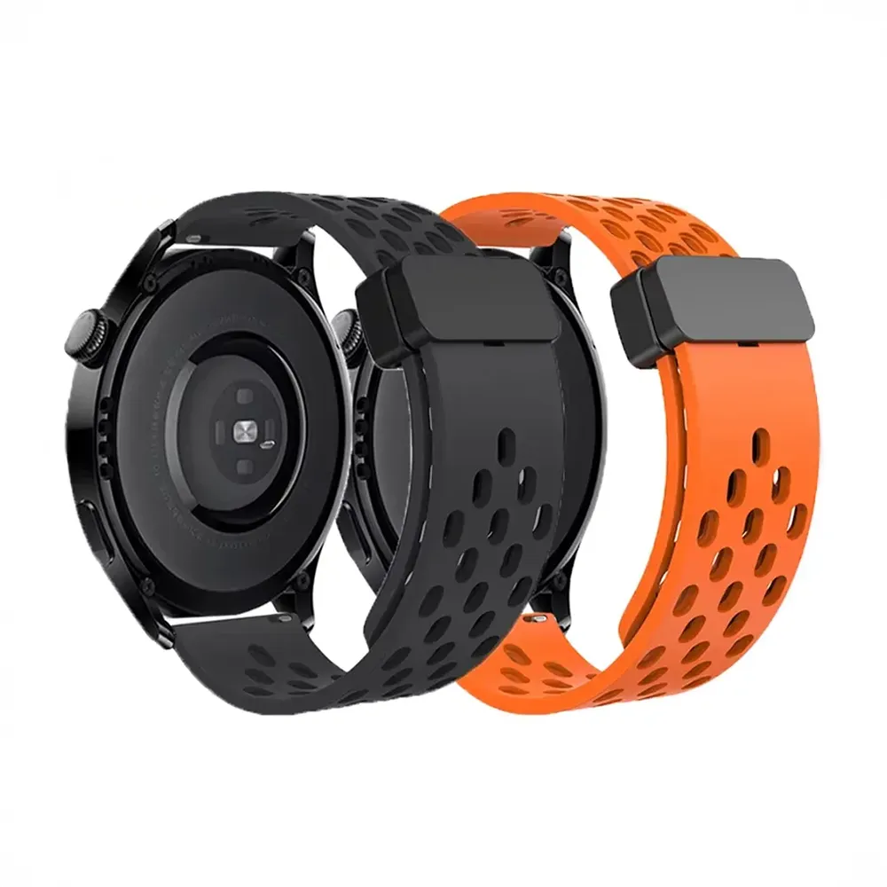 Black and orange smartwatch bands on a white background