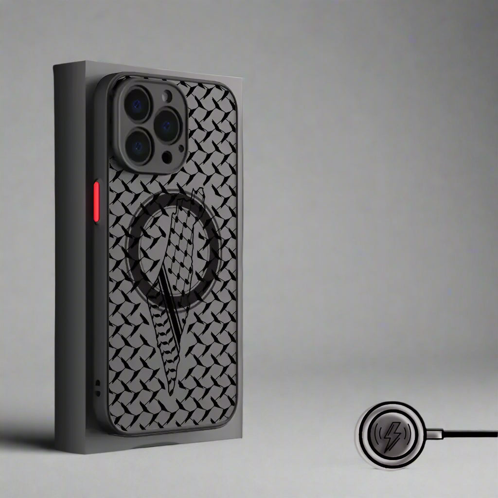 Phone case with magnetic design on a gray background