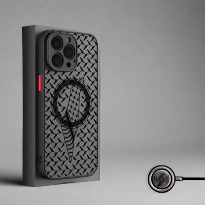 Phone case with magnetic design on a gray background
