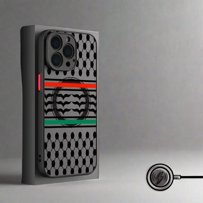 Phone case with geometric pattern on a gray background