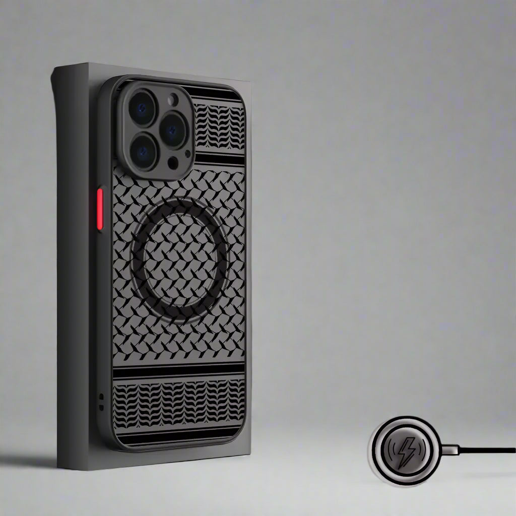 Phone case with magnetic design on a gray background