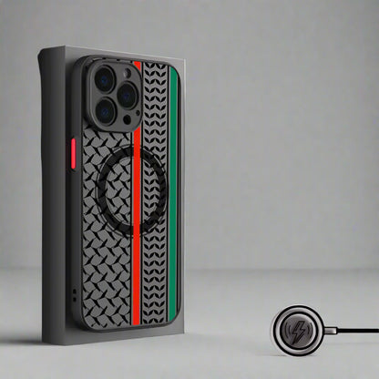 Phone case with tire tread design and MagSafe compatibility on a gray background