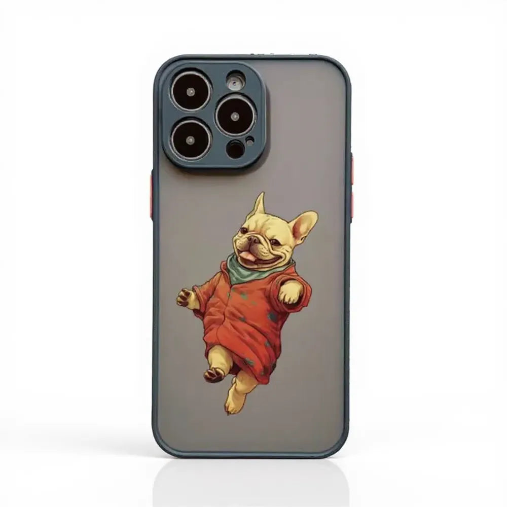 Phone case with a cartoon dog in a red sweater on a gray background