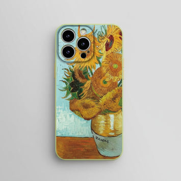 Phone case with Van Gogh sunflower design on a gray background