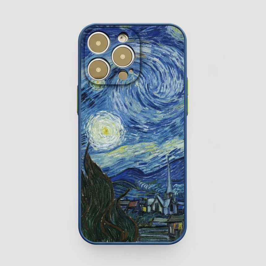 Phone case with 'Starry Night' design on a gray background