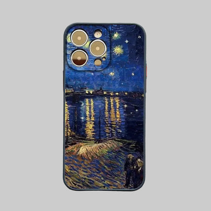 Phone case with Van Gogh 'Starry Night' design on a gray background